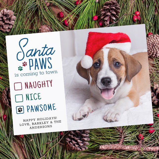Santa Paws Naughty Nice Pawsome Pet Dog Photo  Holiday Card (Creator Uploaded)