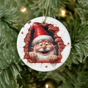 Santa Peeking Through Brick Wall - 3D Ceramic Ornament