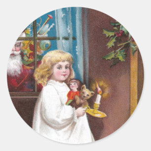 Santa Peeks Through Window Vintage Christmas Classic Round Sticker