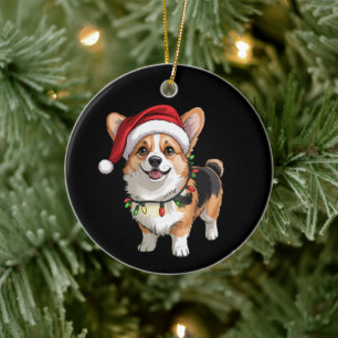 Santa Pembroke Welsh Corgi Christmas Tree Lights Ceramic Ornament