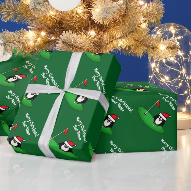 Santa penguin cartoon on golf course fun Christmas Wrapping Paper (Holidays)