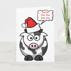 Santa Pick Me Cute Funny Cartoon Cow Christmas Holiday Card