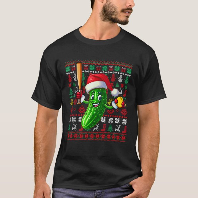 Santa Pickle Playing Softball Xmas Player Vegan Sw T-Shirt (Front)