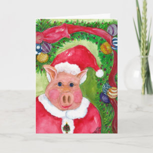 Santa Pig  Christmas Card with Ribbon & Ornaments