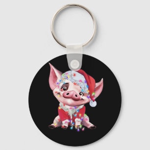 Santa Pig Christmas Lights Pig Lover Christmas Key Ring