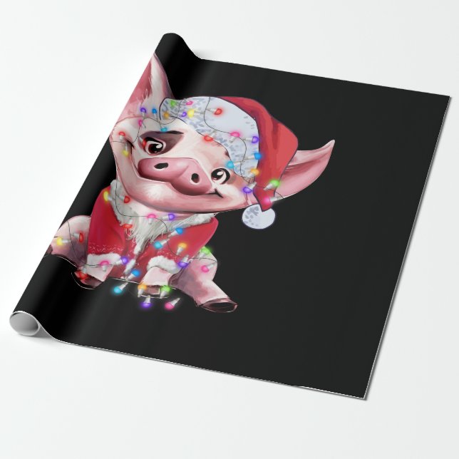 Santa Pig Christmas Lights Pig Lover Christmas Wrapping Paper (Unrolled)