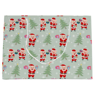Santa  Pig Giving Gifts Pattern Large Gift Bag
