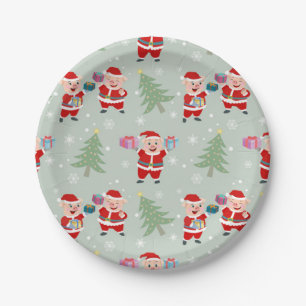 Santa  Pig Giving Gifts Pattern Paper Plate
