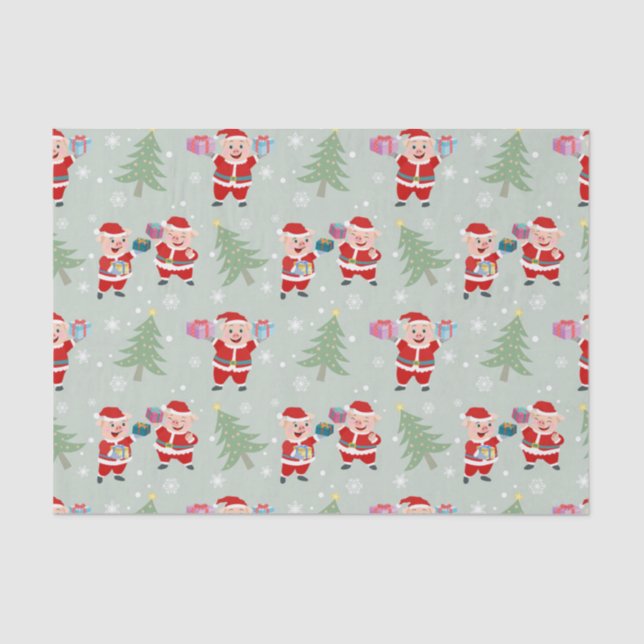 Santa  Pig Giving Gifts Pattern Tissue Paper (Front)