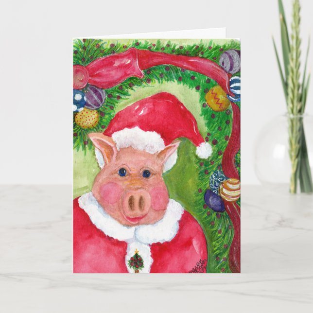 Santa Pig  with Ribbon & Ornaments Christmas Holiday Card (Front)