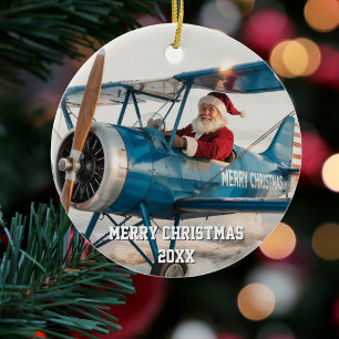 Santa Pilot Flies Aeroplane Funny Photo Christmas Ceramic Ornament
