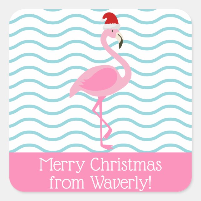 Santa Pink Flamingo Christmas Gift Stickers (Front)