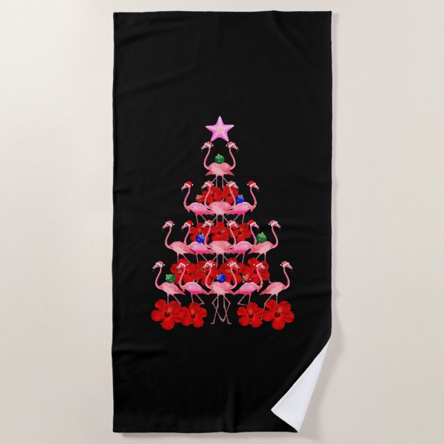 Santa Pink Flamingo Christmas Tree Beach Towel (Front)
