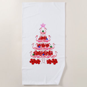 Santa Pink Flamingo Christmas Tree Beach Towel