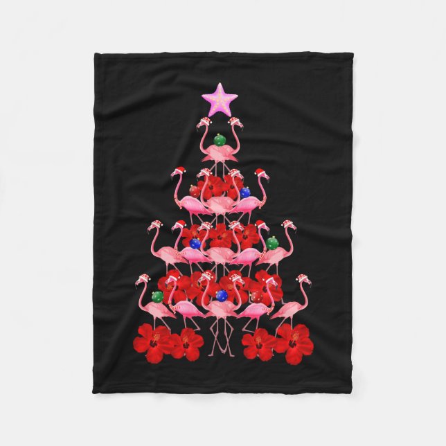 Santa Pink Flamingo Christmas Tree Fleece Blanket (Front)