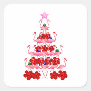 Santa Pink Flamingo Christmas Tree Square Sticker