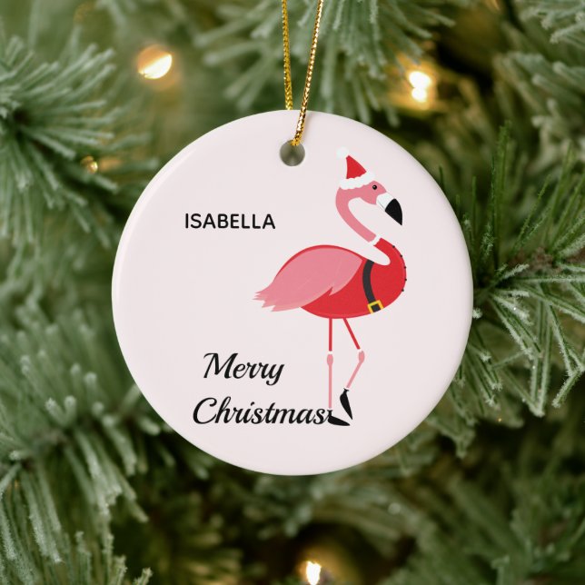 Santa Pink Flamingo Holiday Animal Merry Christmas Ceramic Ornament (Tree)