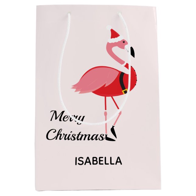 Santa Pink Flamingo Name Animal Merry Christmas Medium Gift Bag (Front)