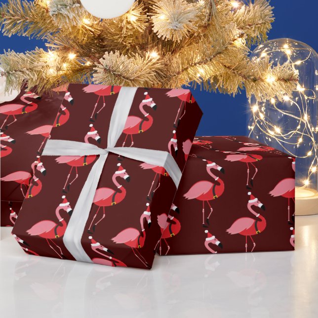 Santa Pink Flamingo Pattern Burgundy Christmas Wrapping Paper (Holidays)