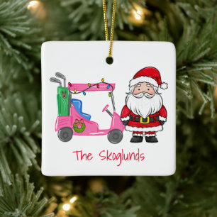Santa Pink Golf Cart Christmas with Lights Wreath Ceramic Ornament