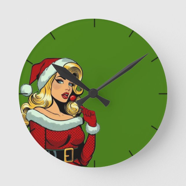 Santa Pinup: Pop Art Glam Round Clock (Front)