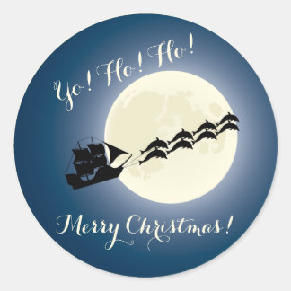 Santa Pirate Ship w/ Dolphins Christmas Holiday Classic Round Sticker
