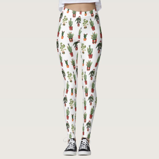 Santa Plants Houseplant Christmas Pattern Leggings (Front)