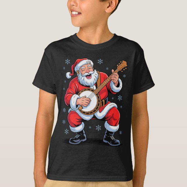 Santa Playing Banjo Funny Holiday Christmas Xmas P T-Shirt (Front)