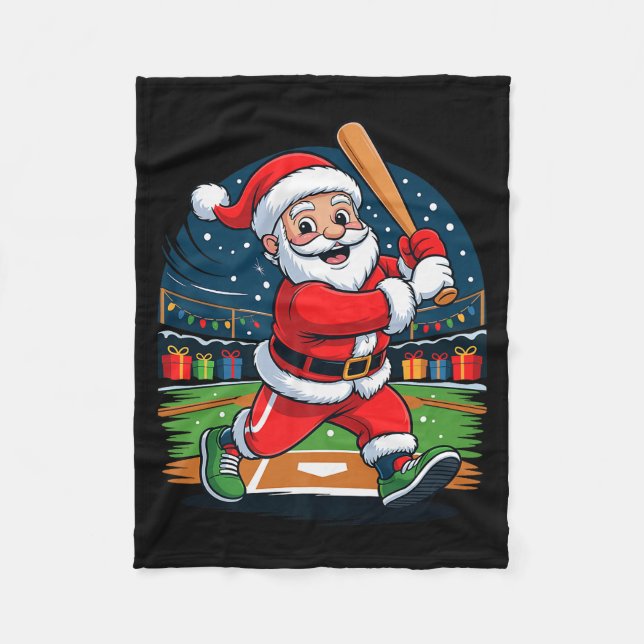 Santa Playing Baseball Funny Holiday Christmas Xma Fleece Blanket (Front)