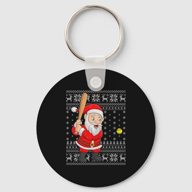 Santa Playing Baseball Softball Ugly Christmas Swe Key Ring (Front)