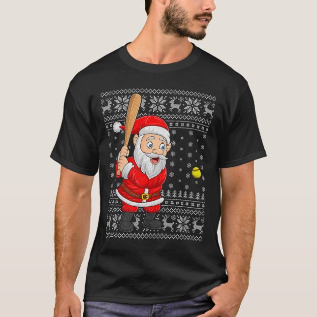 Santa Playing Baseball Softball Ugly Christmas Swe T-Shirt (Front)