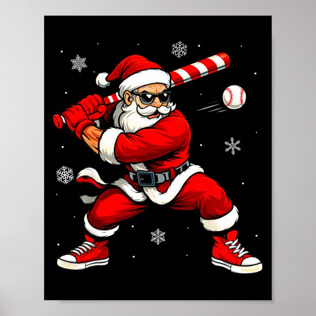 Santa Playing Baseball Xmas Funny Christmas Baseba Poster (Front)