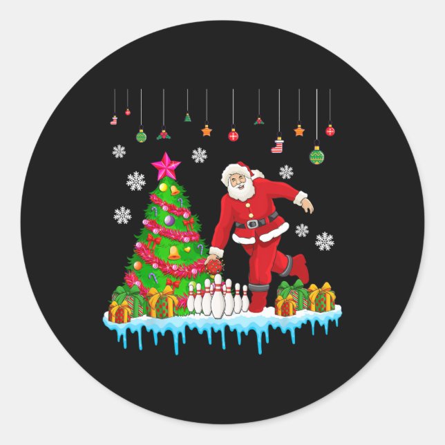 Santa Playing Bowling Christmas Tree Funny Player  Classic Round Sticker (Front)