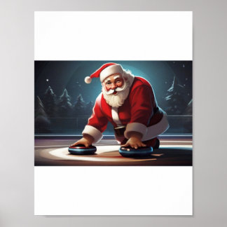 Santa playing Curling Rock Poster