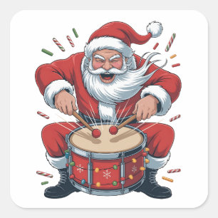 Santa Playing Drums Christmas Drummer Xmas Square Sticker
