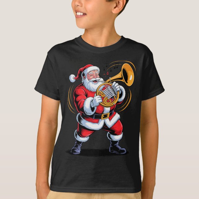 Santa Playing French Horn Funny Holiday Chrismas X T-Shirt (Front)