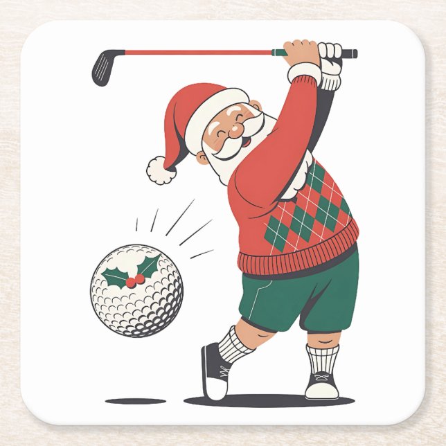 Santa Playing Golf Christmas Player Golfer  Square Paper Coaster (Front)