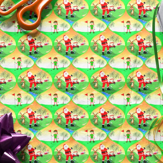 Santa Playing Golf In Florida Christmas Ogee Tissue Paper (Whimsical Santa golfing in Florida with Flamingo caddy, reindeer watching.
)