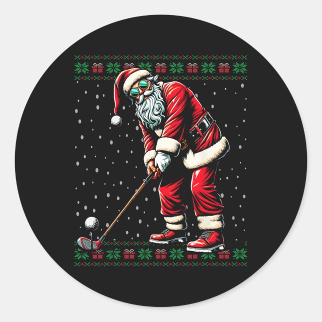 Santa Playing Golf Ugly Christmas Sweater  Classic Round Sticker (Front)