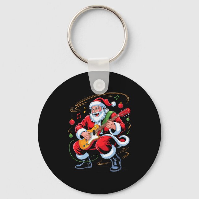 Santa Playing Guitar Funny Holiday Christmas Xmas  Key Ring (Front)