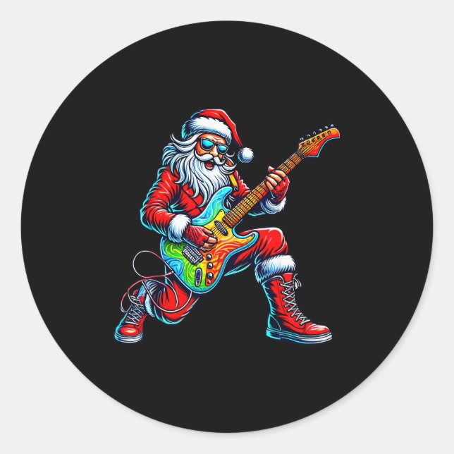 Santa Playing Guitar Musician Guitarist Christmas  Classic Round Sticker (Front)