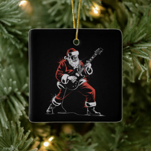 Santa Playing Guitar Retro 90s Christmas Rock Ceramic Ornament