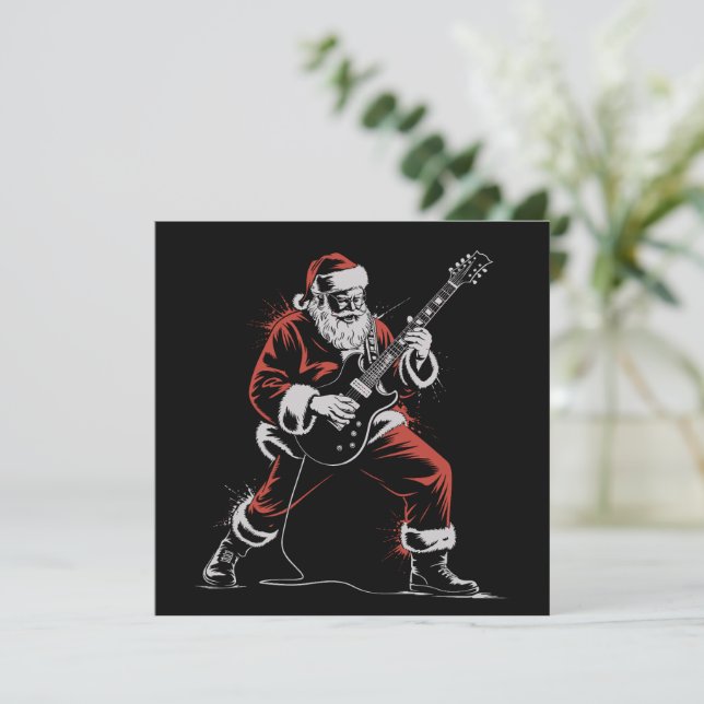 Santa Playing Guitar Retro 90s Christmas Rock  Holiday Card (Standing Front)