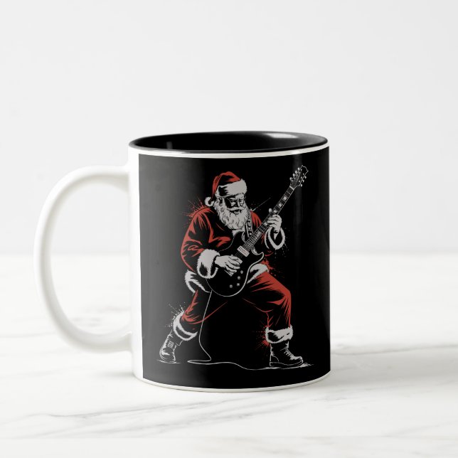 Santa Playing Guitar Retro 90s Christmas Rock  Two-Tone Coffee Mug (Left)