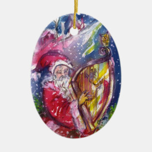 SANTA PLAYING HARP IN MOONLIGHT Red Ruby Christmas Ceramic Ornament