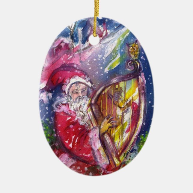 SANTA PLAYING HARP IN MOONLIGHT Red Ruby Christmas Ceramic Ornament (Front)