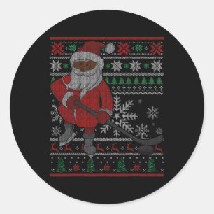 Santa Playing Hockey Black African American Xmas S Classic Round Sticker