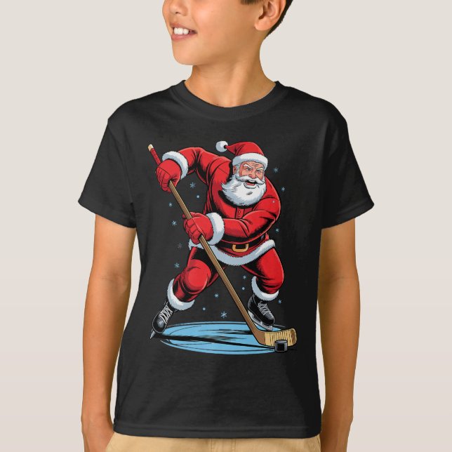Santa Playing Hockey Funny Holiday Christmas Xmas  T-Shirt (Front)