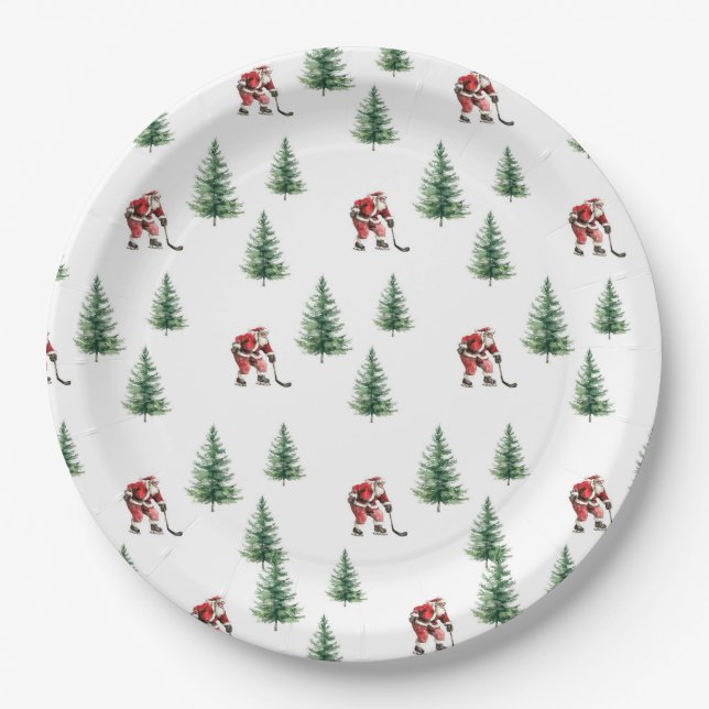 Santa Playing Hockey Napkin Gift Christmas Party Paper Plate (Front)