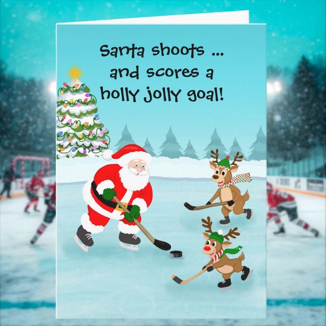 Santa Playing Hockey with Reindeer Christmas Card (Creator Uploaded)